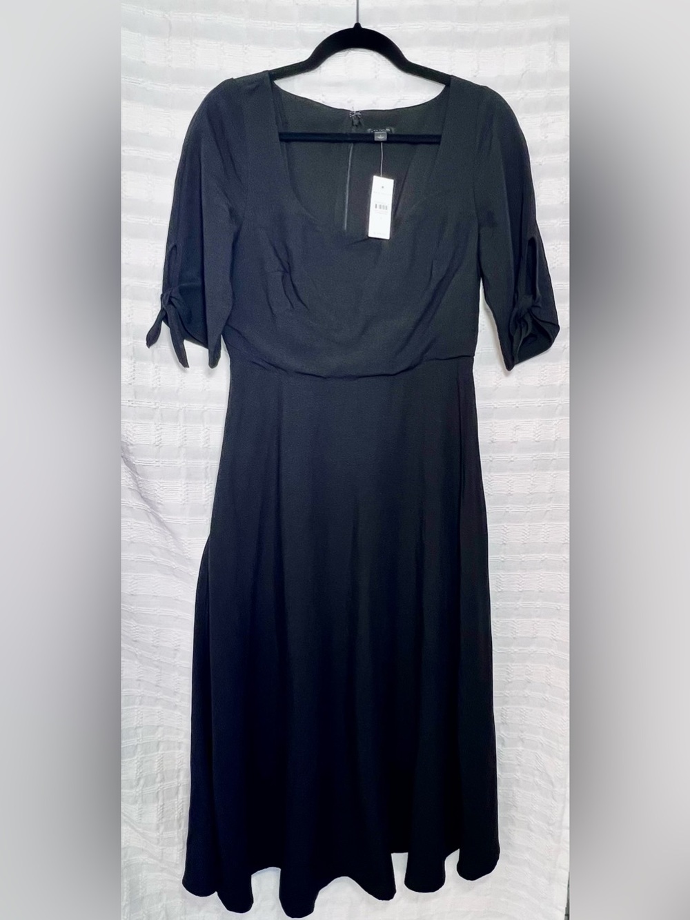 Ann Taylor Black Midi Dress with Scoop Neck and Tie Sleeve Detail